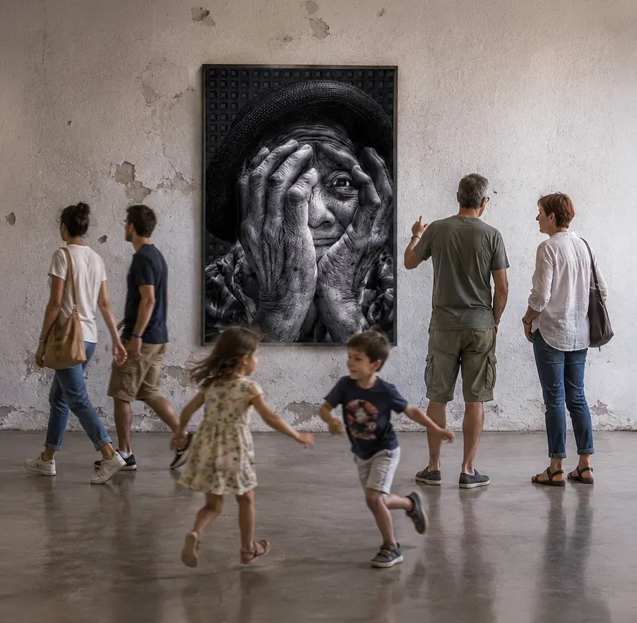 Visitors viewing a large black-and-white portrait in a gallery