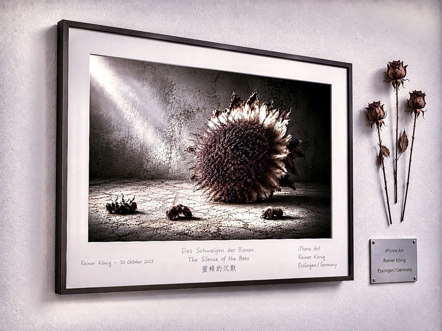 Framed artwork The Silence of the Bees with dried roses